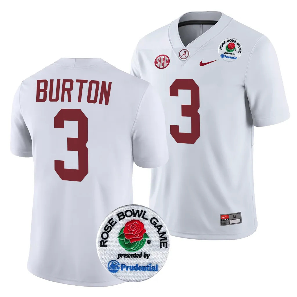 Men's Alabama Crimson Tide Jermaine Burton #3 White 2024 Rose Bowl Playoff NCAA College Football Jersey